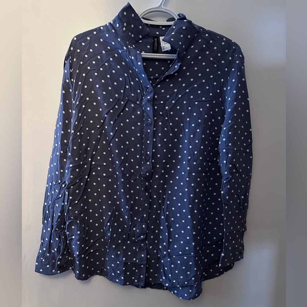 Divided Button Up Shirt Slate Blue white polka dots